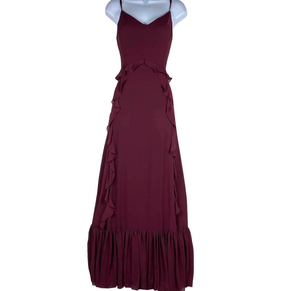 Watters & Watters Wine Red Chiffon Darcie Gown Spaghetti Strap Maxi Layered SZ 8 - Picture 2 of 15